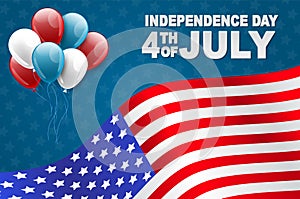 4th of July United States national Independence Day celebration background with American flag and balloons. Vector illustration