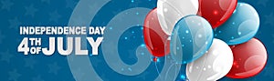 4th of July United States national Independence Day celebration banner with blue, red, and white balloons for a website header or