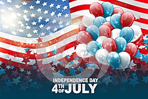 4th of July United States national Independence Day celebration glowing background with American flag, confetti, and balloons.