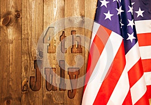 4th of July, the US Independence Day, place to advertise, wood background, American flag