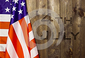 4th of July, the US Independence Day, place to advertise, wood background, American flag