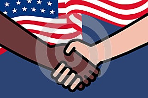 4th of July with USA flag.Black Lives Matter. Two hands holding or handshake.