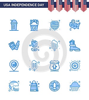 4th July USA Happy Independence Day Icon Symbols Group of 16 Modern Blues of flower; frise; american; bottle; map