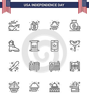 4th July USA Happy Independence Day Icon Symbols Group of 16 Modern Lines of american; shose; party; american; bag