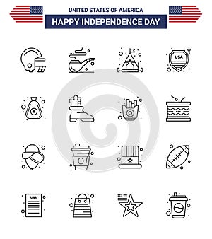 4th July USA Happy Independence Day Icon Symbols Group of 16 Modern Lines of shose; bag; tent; money; usa