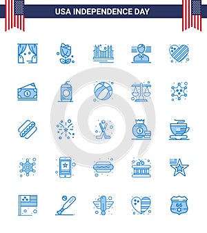 4th July USA Happy Independence Day Icon Symbols Group of 25 Modern Blues of american; american; bridge; man; tourism