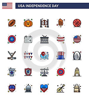 4th July USA Happy Independence Day Icon Symbols Group of 25 Modern Flat Filled Lines of sports; backetball; household; ice cream