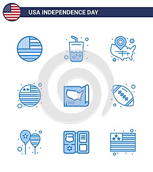 4th July USA Happy Independence Day Icon Symbols Group of 9 Modern Blues of states; international flag; map; flag; location pin
