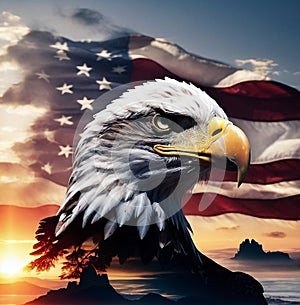 4th of July USA Independence Day background with American flag and bald eagle