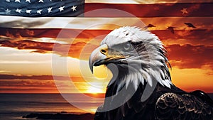 4th of July USA Independence Day background with American flag and bald eagle