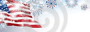 4th of july USA Independence day banner background design of American flag with fireworks