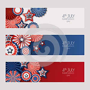 4th of July, USA Independence Day banners with paper stars in USA flag colors. Holiday backgrounds set.