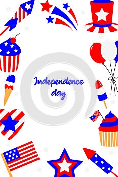 4th of July USA Independence Day card. Cute, simple, hand drawn flat cartoon style. Graphics in American flag.