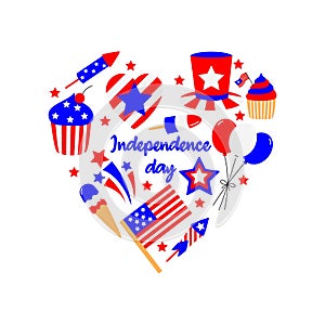 4th of July USA Independence Day card. Cute, simple, hand drawn flat cartoon style. Graphics in American flag.