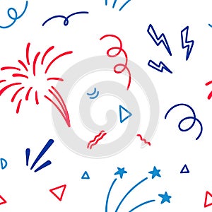 4th of July USA Independence Day doodle seamless pattern. America flag blue, red and white colors. 14th of July Happy National day