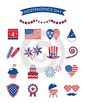 4th of July USA Independence Day. set of holiday icons with American flag, cake, barbecue, balloons, fireworks, holiday pipe,