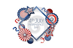 4th of July, USA Independence Day. Vector holiday frame isolated on white background. Paper stars in USA flag colors.