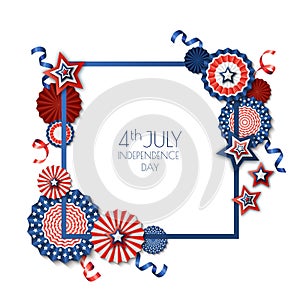 4th of July, USA Independence Day. Vector square frame isolated on white background. Paper stars in USA flag colors.