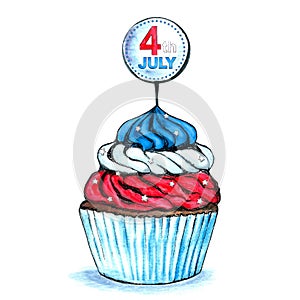 4th July USA Independence Day Watercolor Cupcake with Badge