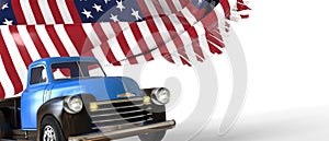 4th of July, vintage truck Firework for Independence Day and American flag isolate. United States flags.banner on white Background