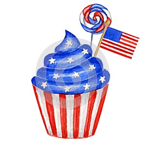 4th of july Watercolor patriotic cupcake in the colors of the USA flag. For sweet cake american design compositions