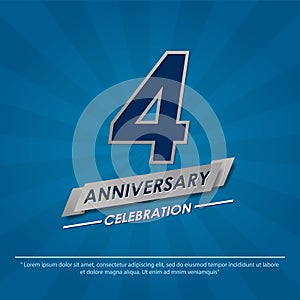 4th years anniversary celebration emblem. anniversary elegance silver logo isolated with ribbon on blue background, vector
