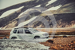 4WD car travel off road in Landmannalaugar Iceland