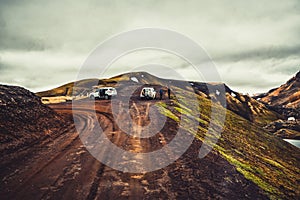 4WD car travel off road in Landmannalaugar Iceland