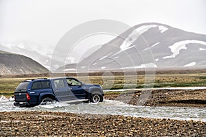 4WD car travel off road in Landmannalaugar Iceland