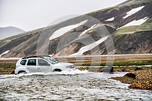 4WD car travel off road in Landmannalaugar Iceland