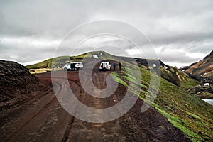 4WD car travel off road in Landmannalaugar Iceland
