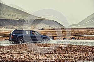 4WD car travel off road in Landmannalaugar Iceland