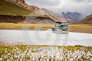 4WD car wades river in Iceland