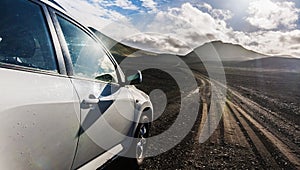 4x4 car going gravel desert volcanic Iceland track