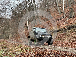 4x4 car with mud in a middle of the autumn forest