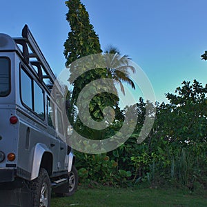 4x4 roadtrip in the carribean. Tropical forest discovery in an old 4x4  defender