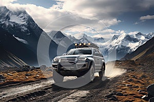 4x4 SUV on background of a landscape with mountains with snow in winter. Traveling off-road by car