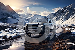 4x4 SUV on background of a landscape with mountains with snow in winter. Traveling off-road by car