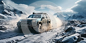 4x4 SUV drifts through snow and snowdrifts in winter on expedition trip in mountains in nature