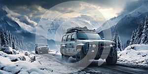 4x4 SUV rides off-road in winter racing competition in nature in the mountains