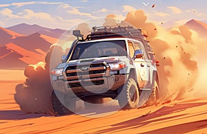 A 4x4 vehicle is on an adventure in the desert.
