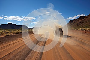 a 4x4 vehicle creating dust cloud on a desert road