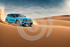 4x4 vehicle rides through the desert dunes in the evening sun, rally offroad car, generative ai image