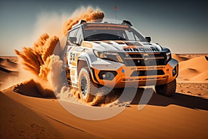 4x4 vehicle rides through the desert dunes in the evening sun, rally offroad car, generative ai image