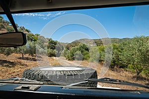 4x4 vehicle view from driver perspective.