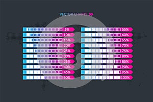 5 10 15 20 25 30 33 35 40 45 50 55 60 65 70 75 80 85 90 95 100 percent arrow chart. Dotted world map. Vector percentage set for