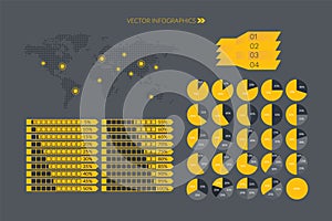 5 10 15 20 25 30 33 35 40 45 50 55 60 65 70 75 80 85 90 95 100 percent chart. World map. 4 Steps. Vector percentage set for