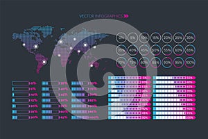 5 10 15 20 25 30 33 35 40 45 50 55 60 65 70 75 80 85 90 95 100 percent chart. World map. Vector percentage set for download,