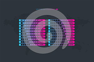 5 10 15 20 25 30 33 35 40 45 50 55 60 65 70 75 80 85 90 95 100 percent chart. World map. Vector percentage set for download,