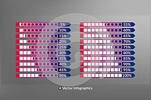 5 10 15 20 25 30 35 40 45 50 55 60 65 70 75 80 85 90 95 100 percent charts. Vector percentage infographic set. Gradient arrow